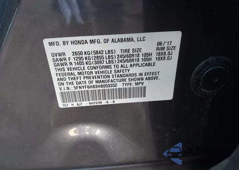 2017 Honda Pilot Ex-L from USA, damaged, VIN 5FNYF6H83HB053352